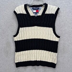Tommy Hilfiger Sweater Vest Mens Medium Navy Cream Striped Cable Knit Preppy Y2K